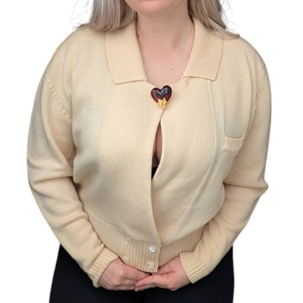 Vintage Nordstrom Merino Wool Collared Deep Cardigan Sweater Button Bottom Cream